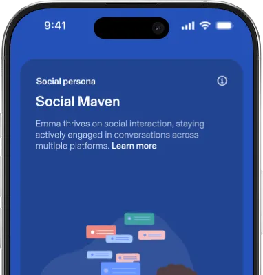 Aura Parental Controls UI: “Social persona” tab. “Social Maven: Emma thrives on social interaction, staying actively engaged in conversations…”

